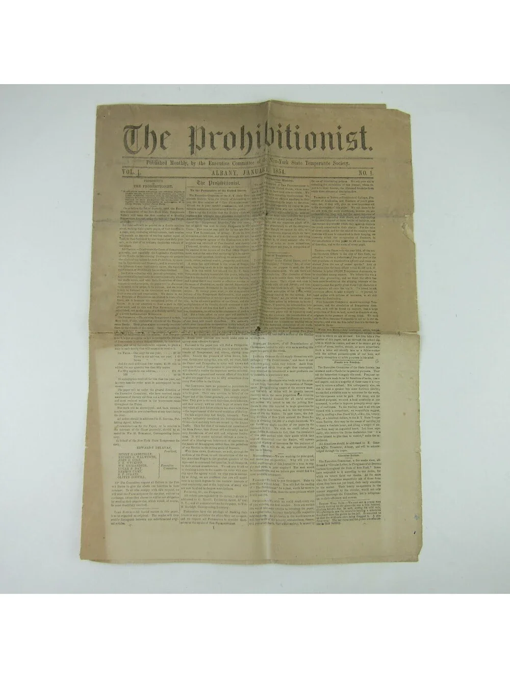 The Prohibitionist Newspaper New York Temperance Society #1 Antique 1854 RARE